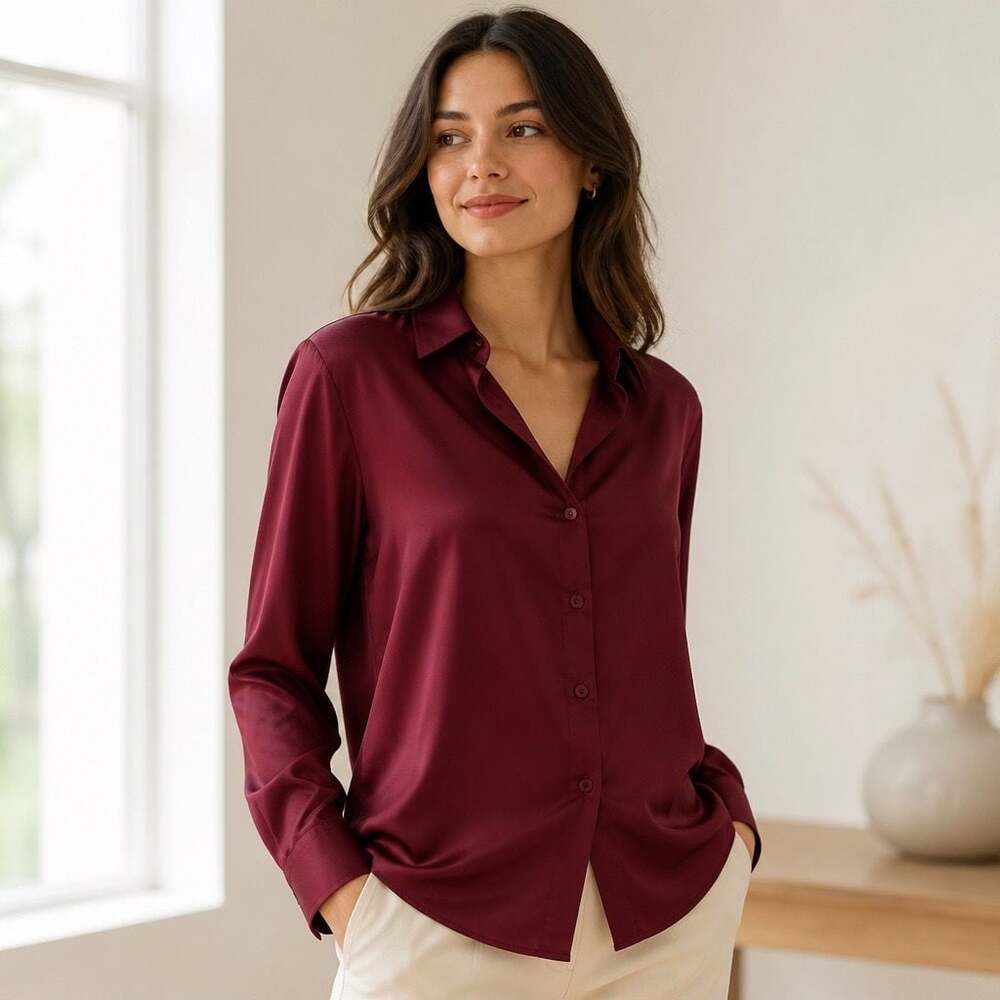 Hearain Women's Long Sleeve Satin Button-Down Blouse, Burgundy, 2XL #1661